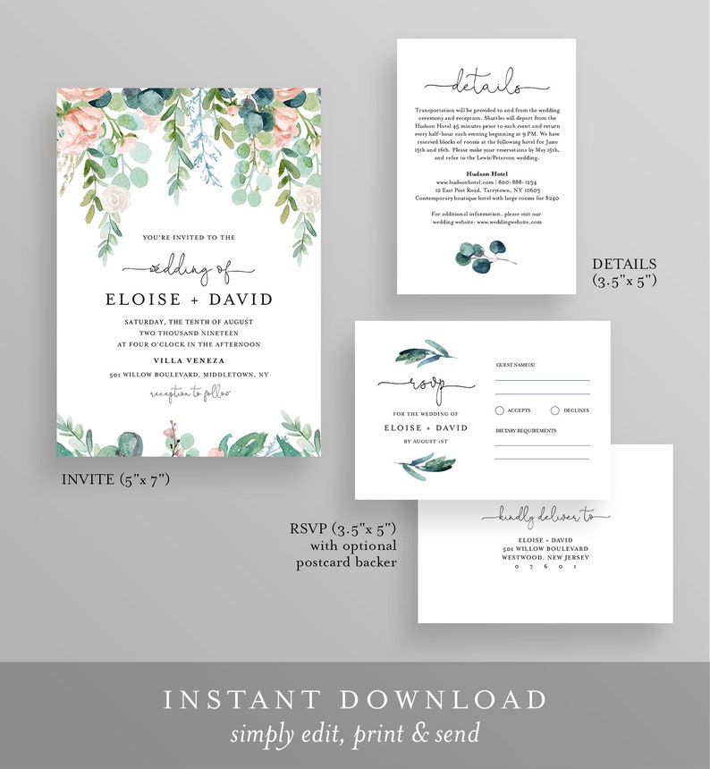 May include: A wedding invitation suite with a watercolor floral design. The invitation card features a leafy garland with pink and white flowers. The text reads "You're invited to the wedding of Eloise + David". The RSVP card has a leafy design and the text "RSVP for the wedding of Eloise + David". The details card has a leafy design and the text "details".