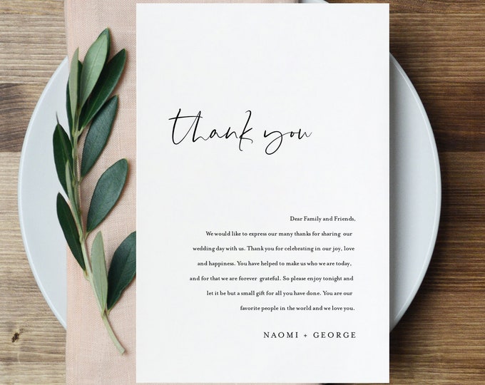 Modern Thank You Letter, Minimalist Napkin Note, Printable Menu Thank You, Editable Template, Instant Download, Templett 4x6 #096-140TYN