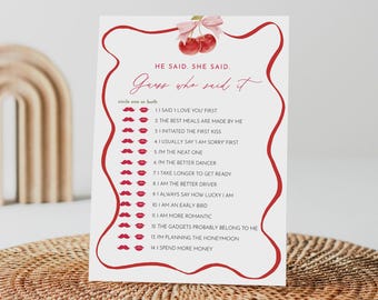Cherry Guess Who Said It Game, Coquette Bow Bridal Shower Game, Editable Template, Instant Download, Templett, 5x7 #0056-05BRG