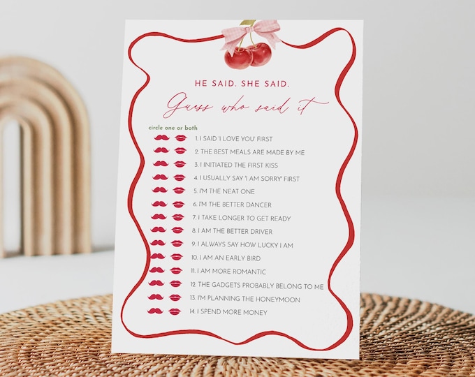 Cherry Guess Who Said It Game, Coquette Bow Bridal Shower Game, Editable Template, Instant Download, Templett, 5x7 #0056-05BRG