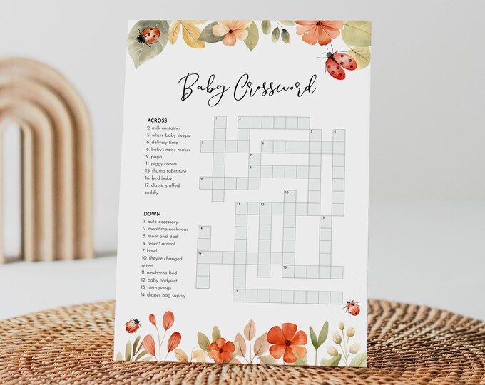 Baby Crossword Puzzle, Ladybug Baby Shower Game, Printable Crossword Game with Answer Key, Instant Download, Templett, 5x7 #0069-33BAG