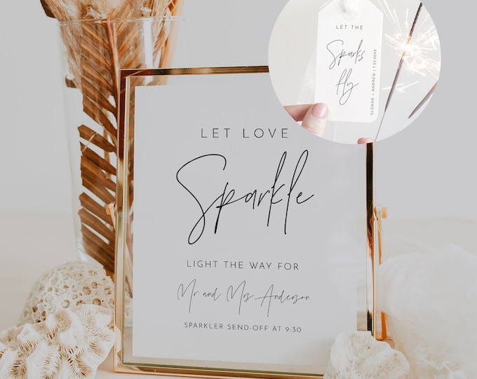 Sparkler Send Off Sign and Tag, Modern Minimalist Wedding, 100% Editable Template, Personalize Sparkler Sign and Tag, Templett #0026-104SPR