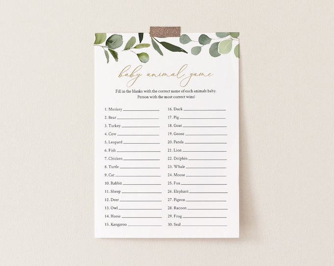 Baby Animal Game, Greenery & Gold Baby Shower Game Template, 100% Editable Text, Printable, Instant Download, Templett, DIY #056-213BASG