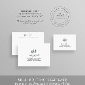 May include: Editable template for a wedding invitation envelope featuring a watercolour illustration of pine trees. The text on the envelope reads "Kindly deliver to Mr. and Mrs. Steven Harris, 501 Willow Boulevard, Westwood, New Jersey 07640". The template comes in two sizes: A7 envelope (13.3 cm by 18.4 cm) and A1 envelope (9.2 cm by 13 cm).