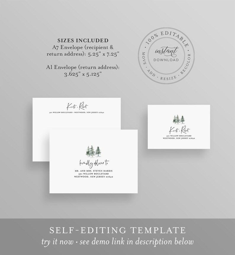 May include: Editable template for a wedding invitation envelope featuring a watercolour illustration of pine trees. The text on the envelope reads "Kindly deliver to Mr. and Mrs. Steven Harris, 501 Willow Boulevard, Westwood, New Jersey 07640". The template comes in two sizes: A7 envelope (13.3 cm by 18.4 cm) and A1 envelope (9.2 cm by 13 cm).