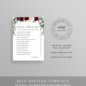 May include: A printable bridal shower game with a floral design in shades of burgundy and pink. The game is titled "Who Knows the Bride Best?" and includes 13 questions about the bride-to-be.