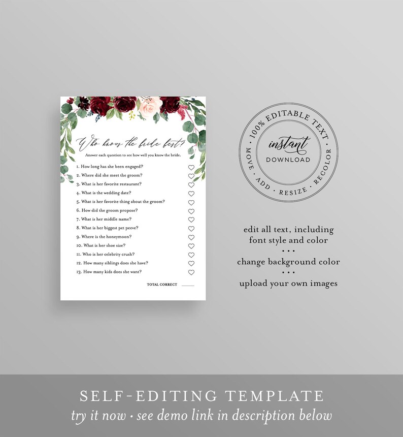 May include: A printable bridal shower game with a floral design in shades of burgundy and pink. The game is titled "Who Knows the Bride Best?" and includes 13 questions about the bride-to-be.