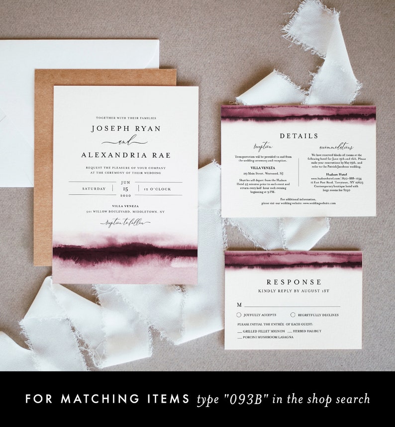 Burgundy Watercolor Wedding Invitation Set, Wine, Vineyard Theme, Modern, Minimalist, Editable Template, Instant Download, Templett 093B image 8