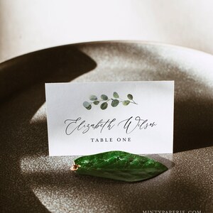May include: White place card with a green eucalyptus sprig illustration. The text reads "Elizabeth Wilson" and "Table One".