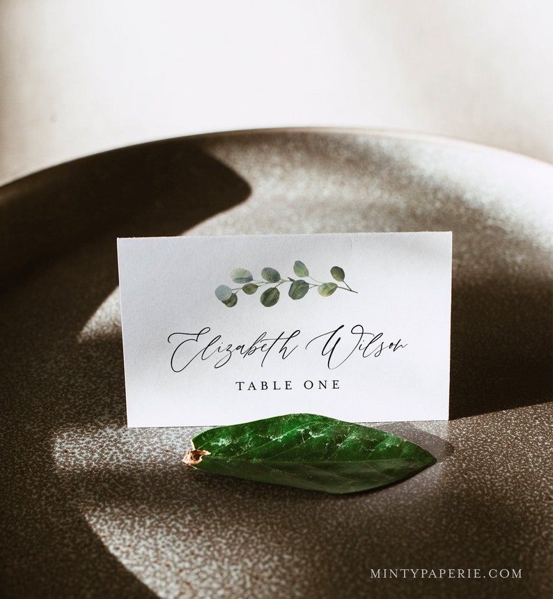 May include: White place card with a green eucalyptus sprig illustration. The text reads "Elizabeth Wilson" and "Table One".