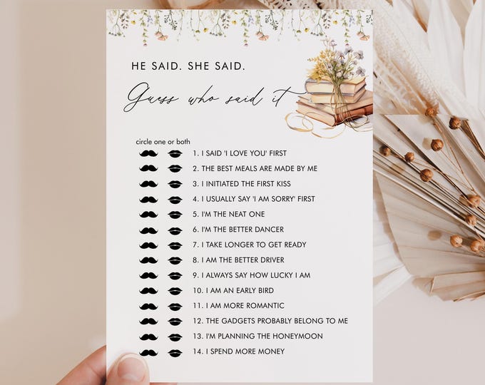 Guess Who Said It Game, Wildflower Book, A New Chapter Bridal Shower Game, Editable Template, Instant Download, Templett, 5x7 #0066-05BRG
