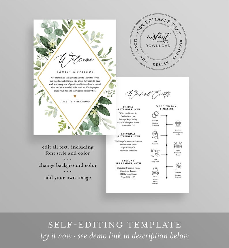 Welcome Letter & Timeline Template, Wedding Order of Events, Welcome Bag Note and Itinerary, INSTANT DOWNLOAD, 100% Editable Text 082-122WB image 2