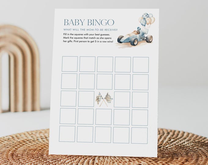Baby Bingo Game, Printable Vintage Race Car, Boy Baby Shower, Instant Download, Editable Template, Templett #0068-11BAG