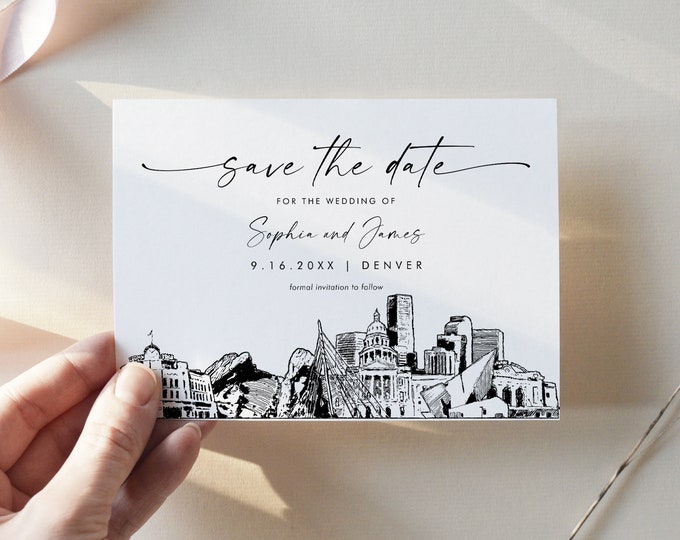 Denver Skyline Save the Date, City Destination Wedding Denver Wedding Date, Editable Template, Instant Download, Templett, 5x7 #0047-212SD