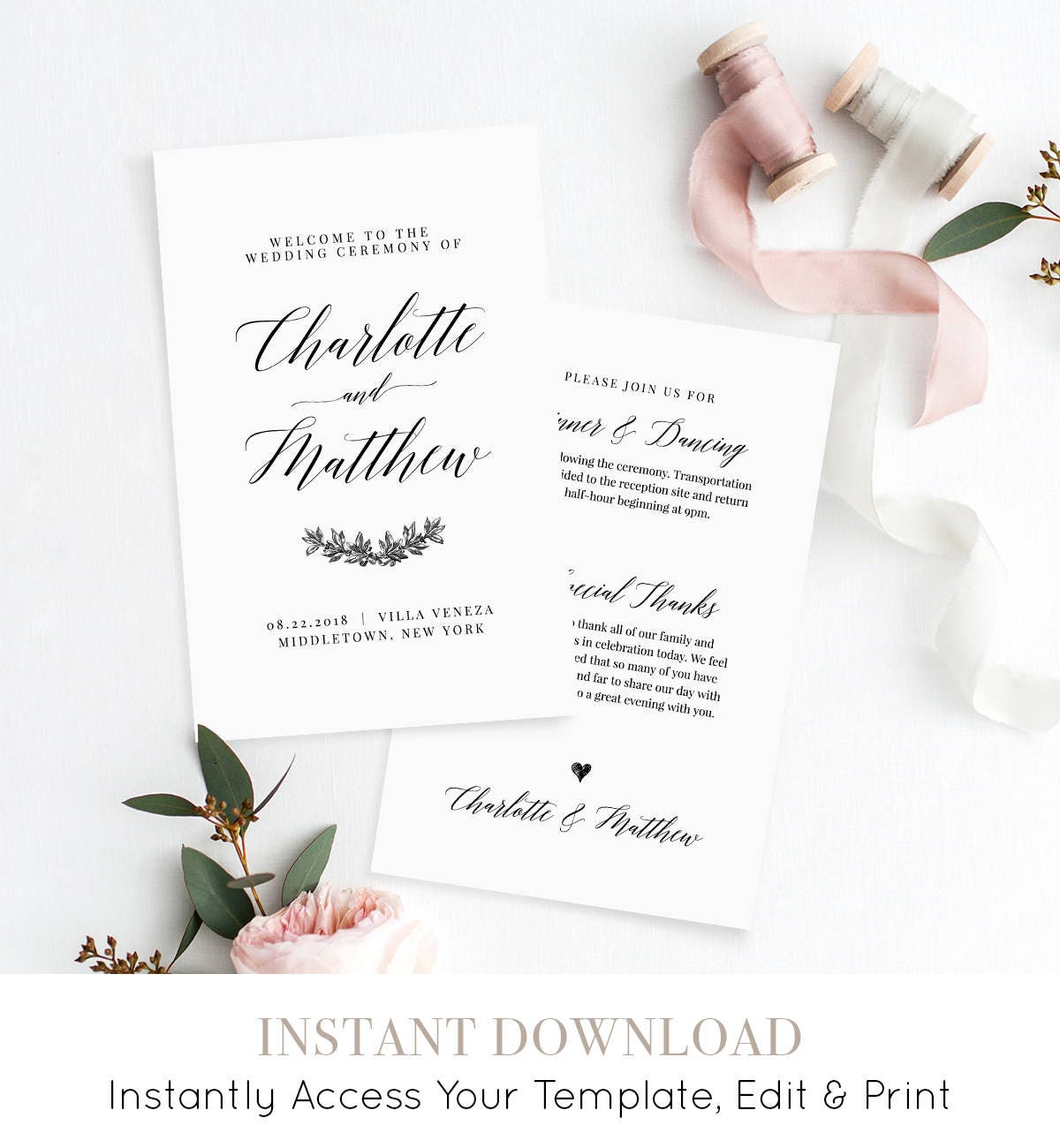 Folded Wedding Program, Order of Service, Printable Catholic Ceremony