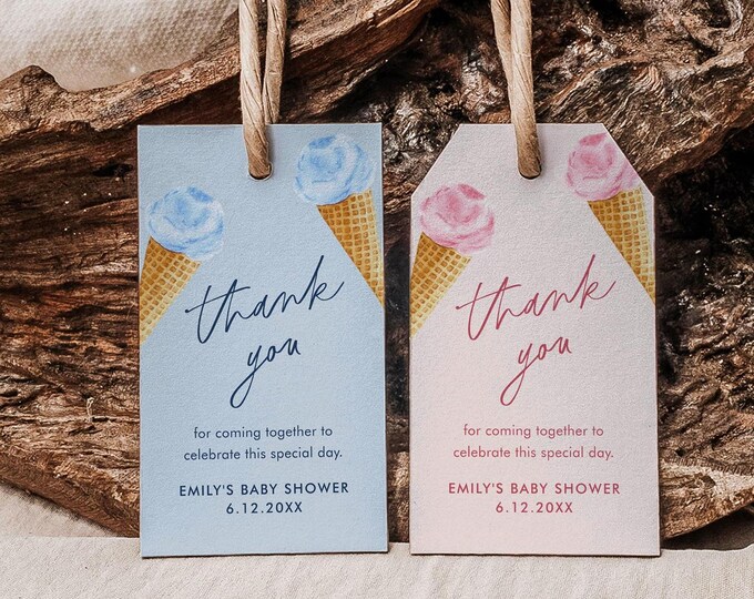 Ice Cream Favor Tag, Thank You Tag, Baby Shower Tag, Girl, Boy, Gender Neutral, Instant Download, Editable Template, Templett #0035-257FT