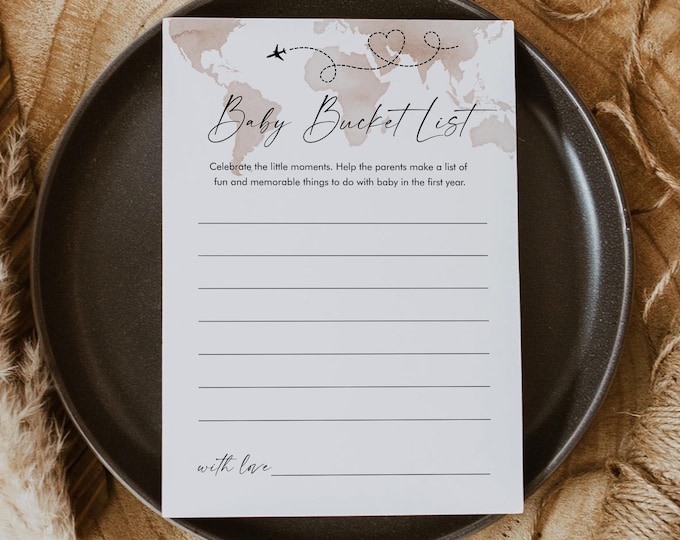 Adventure Baby Bucket List, Printable Travel Theme Baby Shower Game, Editable Template, Instant Download, Templett #0039-43BAG
