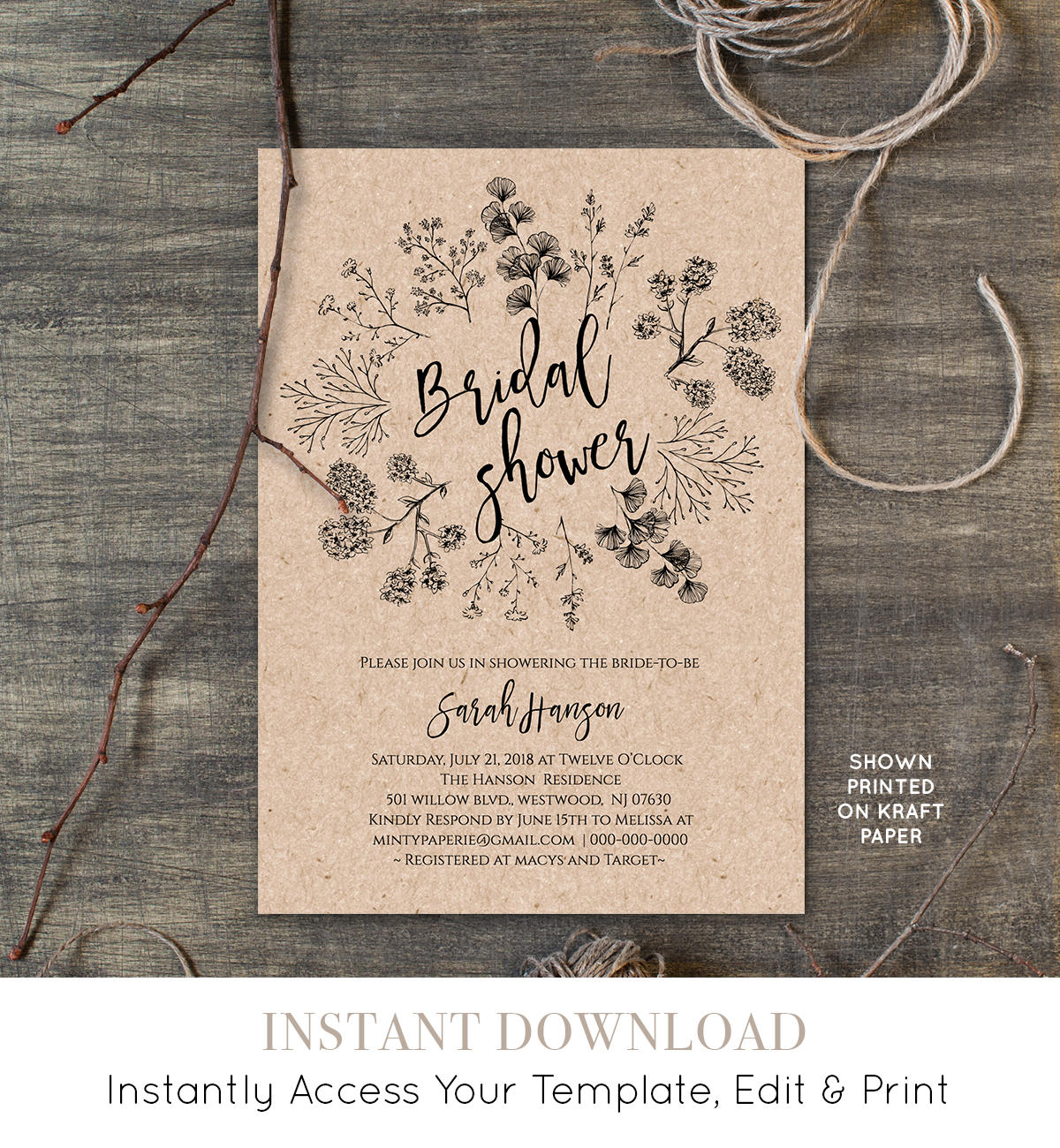Rustic Bridal Shower Invitation Template Wedding Shower Invite 