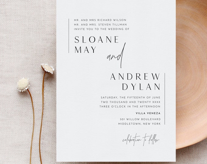 Minimal Wedding Invitation Set, Elegant, Modern, Simple, Traditional, 100% Editable Template, Includes Invite, RSVP, Detail, Templett #0026B