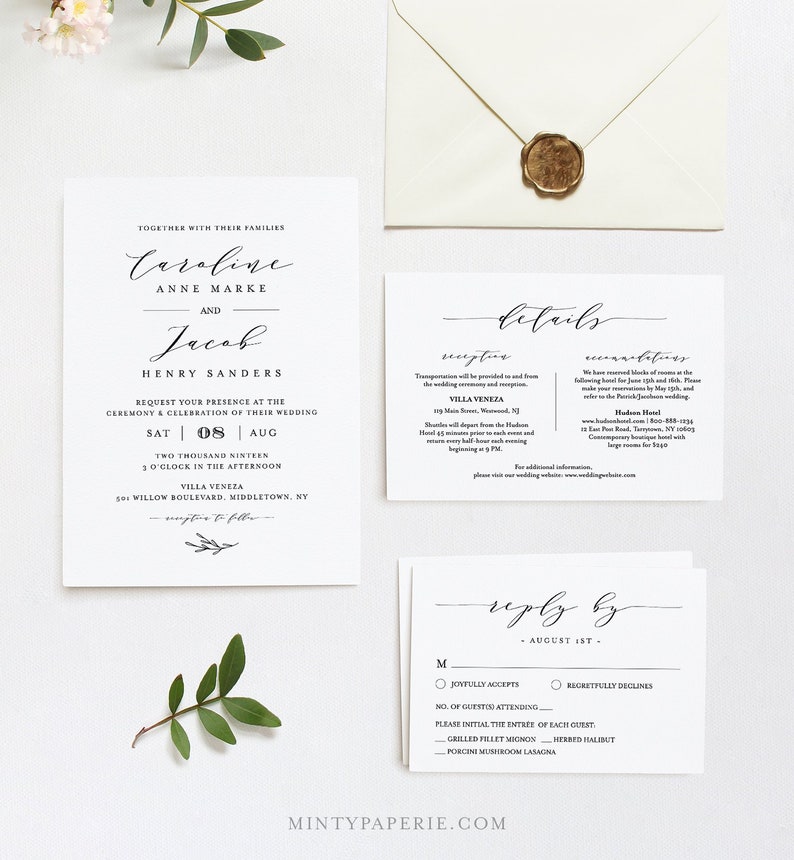 Editable Wedding Invitation Set Template, INSTANT DOWNLOAD, 100% Editable, Minimalist Invite, RSVP & Detail, Printable, Templett #037B image 1