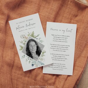 Funeral Prayer Card Template, Greenery Memorial Prayer Card, Prayer Poem, Obituary, Editable Text, Instant Download, Templett #011-106FPC