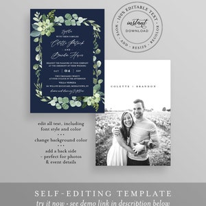 Greenery Wedding Invitation Template, Self-Editing Invite, RSVP and Details, 100% Editable Text, Printable, INSTANT DOWNLOAD, Templett 082A image 3