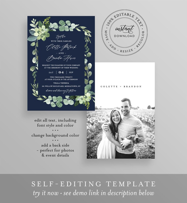 Greenery Wedding Invitation Template, Self-Editing Invite, RSVP and Details, 100% Editable Text, Printable, INSTANT DOWNLOAD, Templett 082A image 3