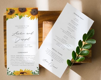 Sunflower Wedding Program Template, Rustic Sunflower Order of Service, Editable, Printable Program, Instant Download, Templett #0010-246WP