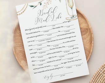 Mad Libs Bridal Shower Game, Pearls and Prosecco Bridal Shower Funny Game, Instant Download, Templett, 5x7 #0065-09BRG