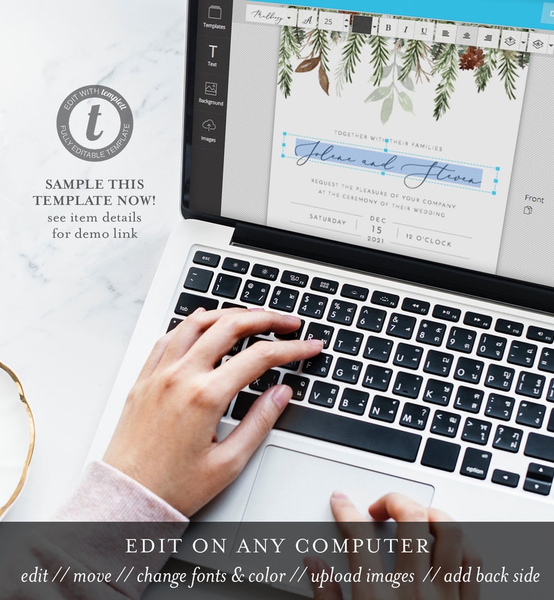 Templett #0017 Christmas Instant Download Detail RSVP Winter Wedding Invitation Set Minimalist Pine Wedding Invite Editable Template