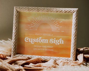 Sun Custom Sign Template, Retro Sunburst Wedding, Bridal/Baby Shower Table Sign Unlimited Custom Signs, Editable Text, Templett #0048-214CS