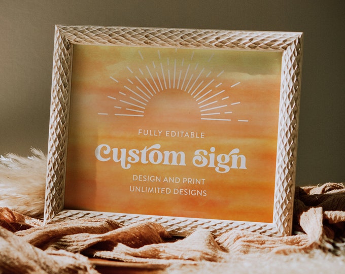 Sun Custom Sign Template, Retro Sunburst Wedding, Bridal/Baby Shower Table Sign Unlimited Custom Signs, Editable Text, Templett #0048-214CS