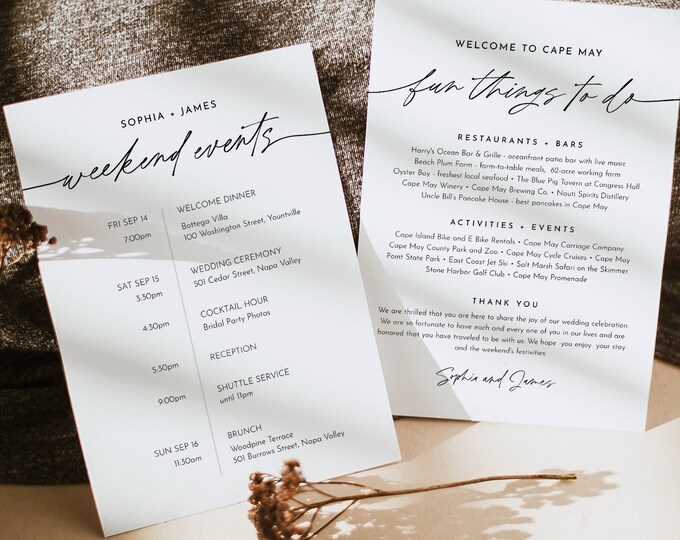 Modern Welcome Letter & Timeline Template, Minimalist Wedding Itinerary, Fun Things to Do, Instant Download, 100% Editable Text #0032-187WB