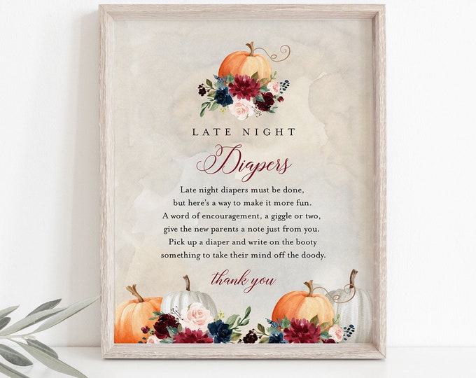 Late Night Diapers Sign, Printable Fall Pumpkin Baby Shower Game, Diaper Notes, Editable Template, INSTANT DOWNLOAD, Templett #072A-213BASG