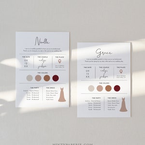 May include: Two printable bridesmaid cards with the names Noelle and Grace. The cards feature a date, the couple's names, the wedding location, a color palette, a list of bridesmaids, and a dress illustration. The cards are designed in a minimalist style with a neutral color palette.
