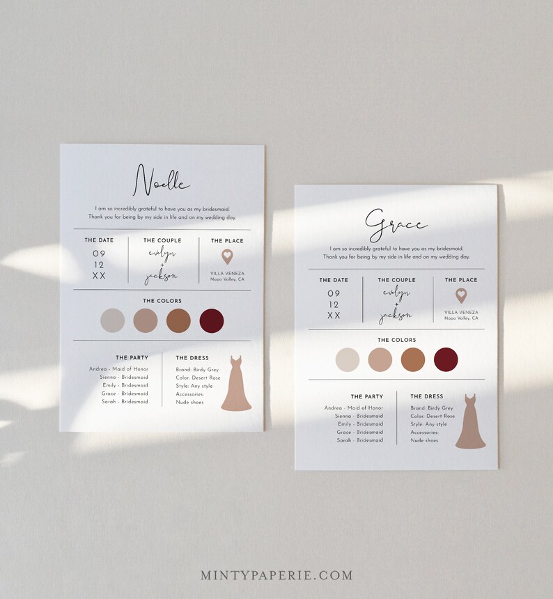 May include: Two printable bridesmaid cards with the names Noelle and Grace. The cards feature a date, the couple's names, the wedding location, a color palette, a list of bridesmaids, and a dress illustration. The cards are designed in a minimalist style with a neutral color palette.