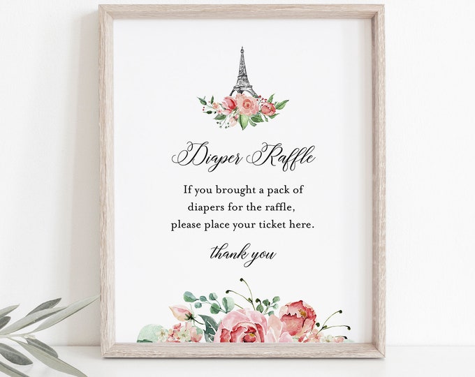 Paris Diaper Raffle Printable, French Baby Shower Diaper Raffle Insert and Sign, Eiffel, Editable Template, INSTANT DOWNLOAD #001-242BASG