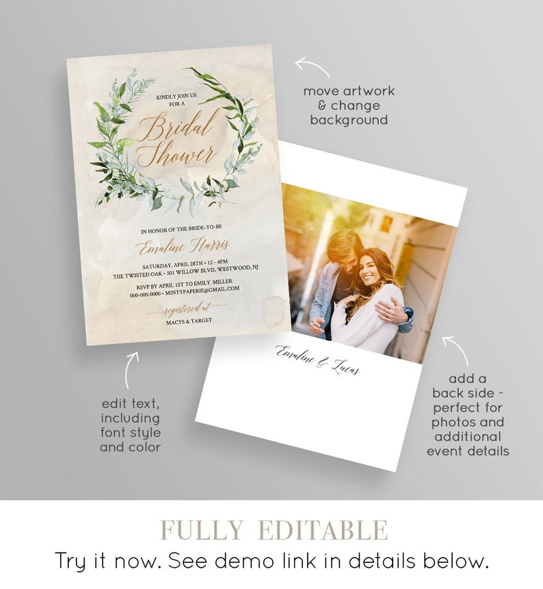 Watercolor Wreath Bridal Shower Invitation Template Greenery Wedding Shower Invite 100/% Editable Template Instant Download #016-108BS