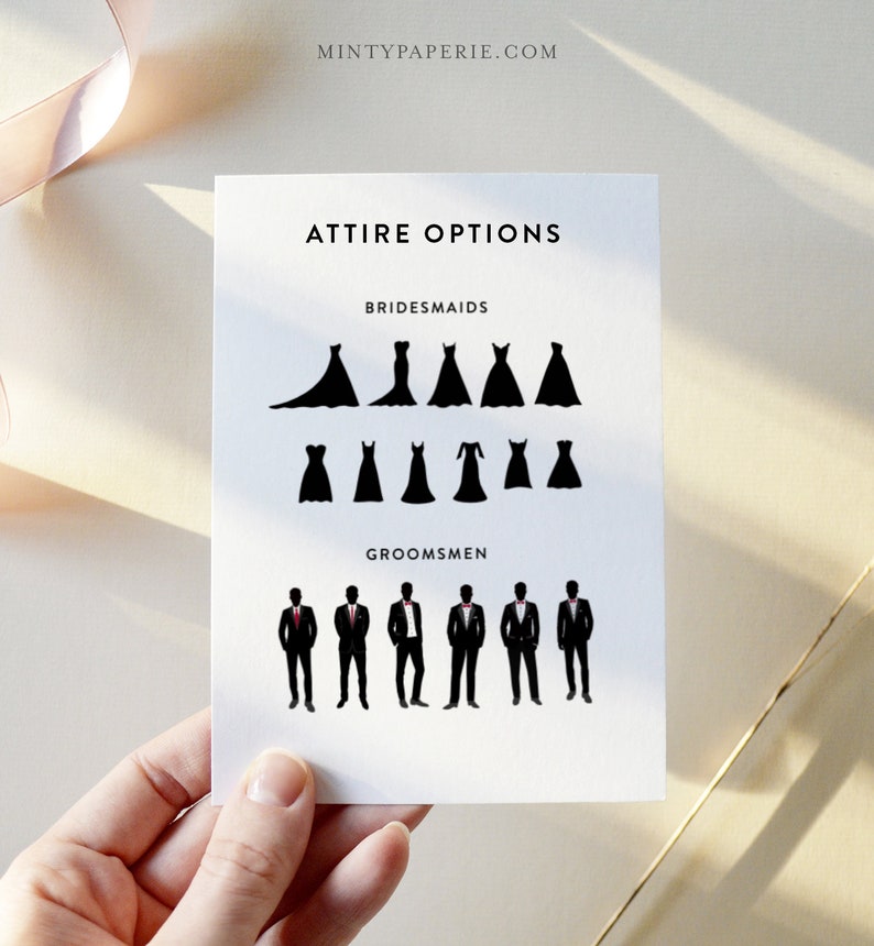 May include: A white card with the text "Attire Options" printed in black. The card shows silhouettes of dresses for bridesmaids and suits for groomsmen.