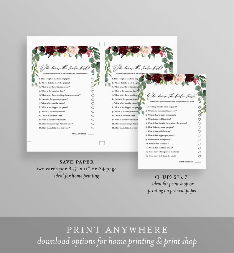 May include: Two printable cards with a burgundy, blush, and green floral design. The cards feature the text "Who knows the bride best?" and a list of questions about the bride. The cards are designed for a bridal shower or bachelorette party.