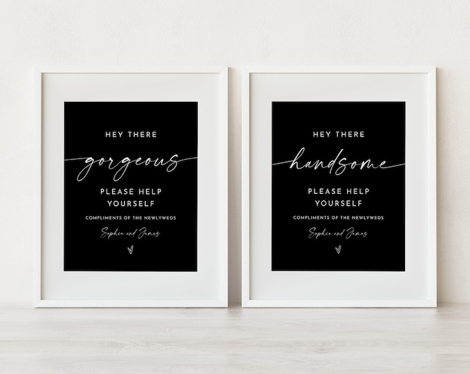 Bathroom Sign, Hey there Gorgeous, Handsome, Ladies Mens Room, Wedding Bathroom Basket, Restroom, Editable Template, Templett #0034B-47S