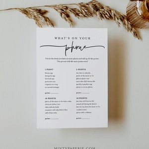 May include: A printable game card with the title "What's on your phone" and a list of items to check on your phone for points. The game is designed for a party or gathering.