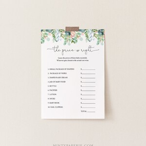 May include: A printable baby shower game with a floral border. The game is called "The Price is Right" and asks players to guess the prices of baby essentials like diapers, wipes, and lotion.
