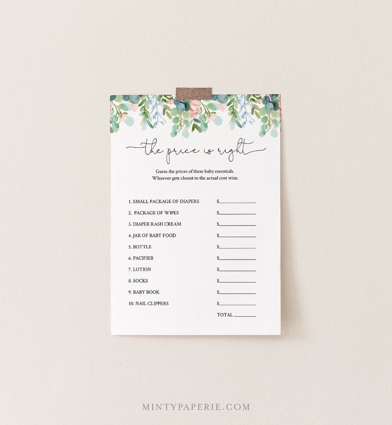 May include: A printable baby shower game with a floral border. The game is called "The Price is Right" and asks players to guess the prices of baby essentials like diapers, wipes, and lotion.