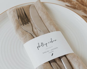 Place Card Napkin Wrap Printable, DIY Modern Minimalist Wedding Buffet Napkin Ring Template, Editable Text, Instant Download #0031-104NW