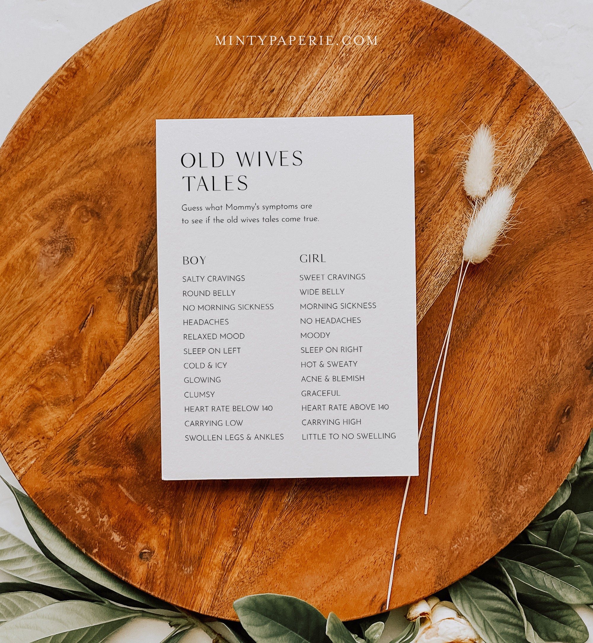 Old Wives Tale Game Minimalist Baby Shower Game Gender pic