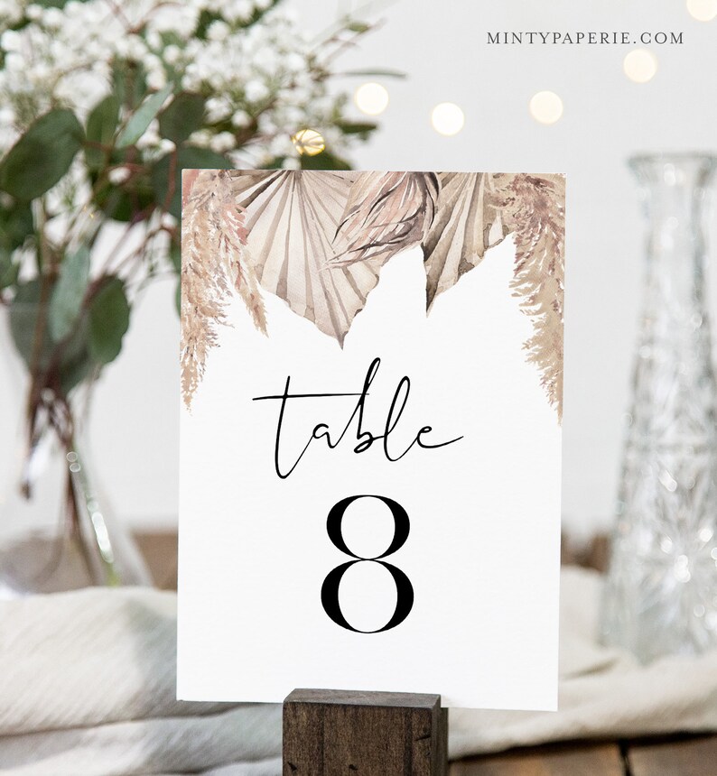 Bohemian Table Number Card Template, Boho Pampas Palm Wedding Table Number, Dried Foliage, Editable, Instant, Templett, DIY 4x6 0022-209TC image 3