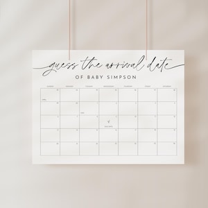 Minimalistisches Baby Aufgrund Datum Kalender Zeichen, Errate das Geburtstag Ankunftsdatum Baby Shower Spiel, Gender Neutral, Bearbeitbar, Templett #0032-117GDD