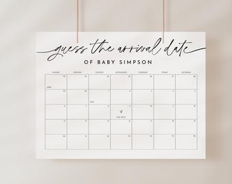 Minimalist Baby Due Date Calendar Sign, Guess the Birthday Arrival Date Baby Shower Game, Gender Neutral, Editable, Templett #0032-117GDD