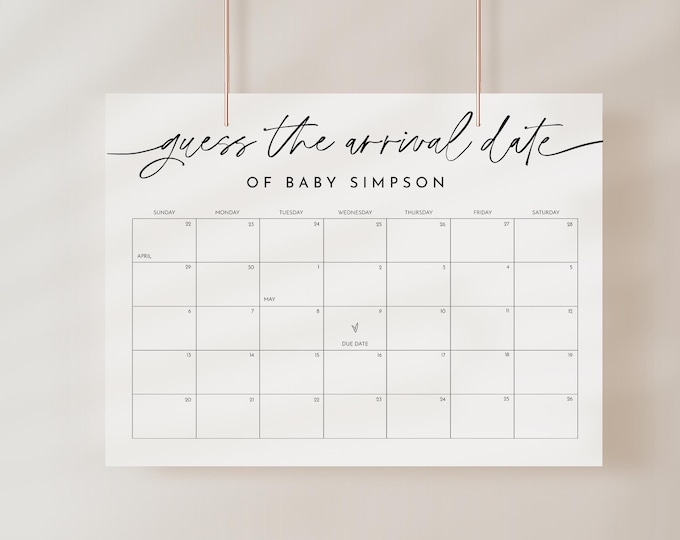Minimalist Baby Due Date Calendar Sign, Guess the Birthday Arrival Date Baby Shower Game, Gender Neutral, Editable, Templett #0032-117GDD